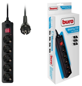 Сетевой фильтр BURO 500SH-5-B, 5м, чёрный