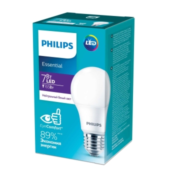 Светодиодная лампа Philips E27 7W = 65W нейтральный дневной свет Essential